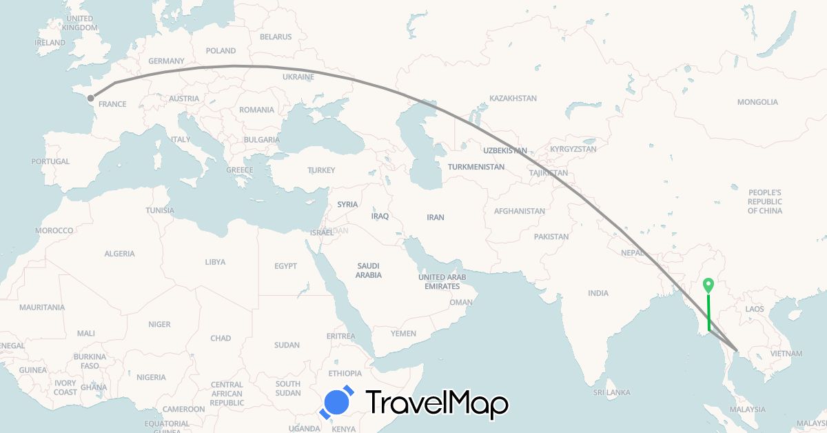 TravelMap itinerary: driving, bus, plane in France, Myanmar (Burma), Thailand (Asia, Europe)